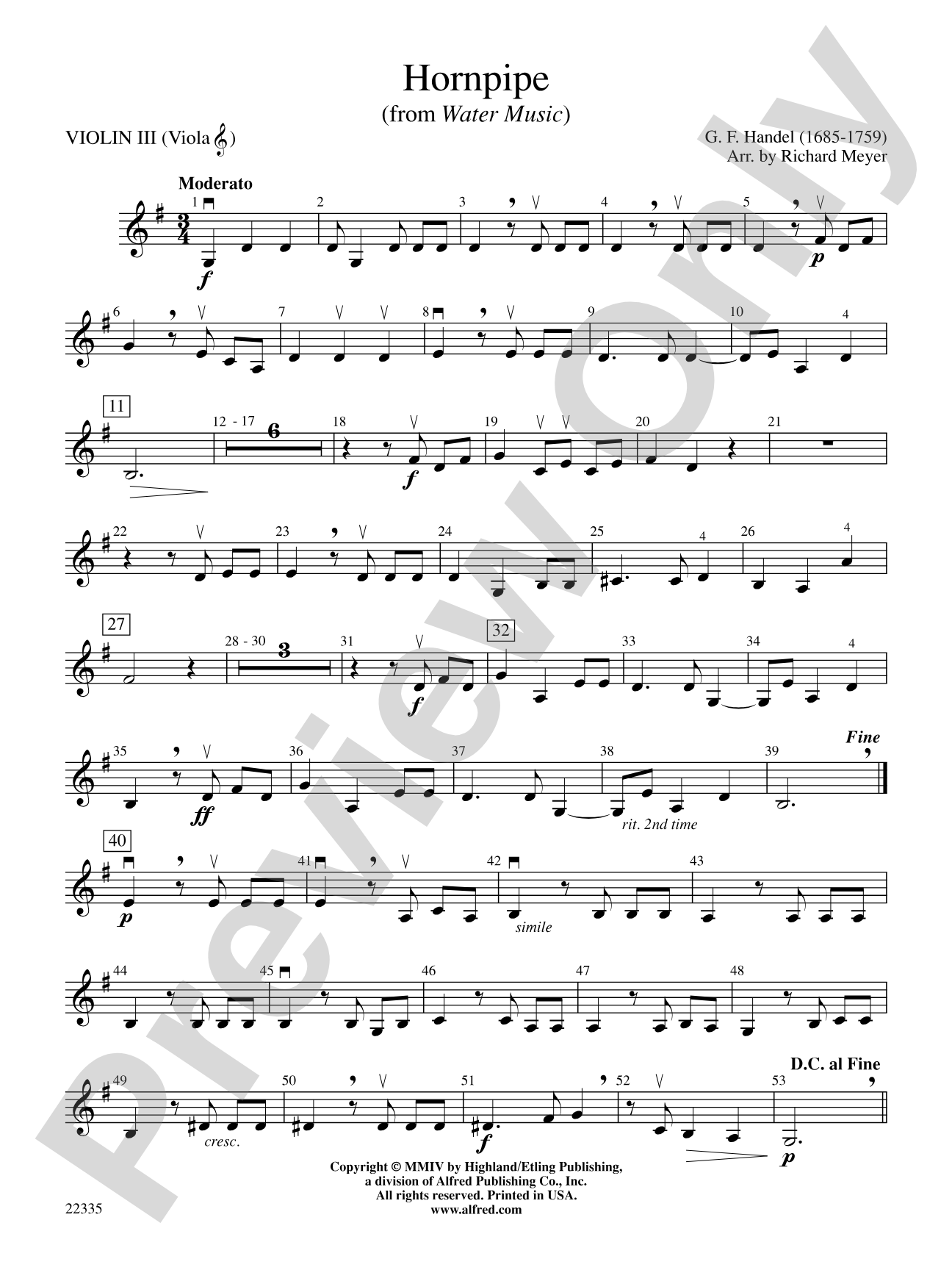 Hornpipe (from Water Music): 3rd Violin (Viola [TC])