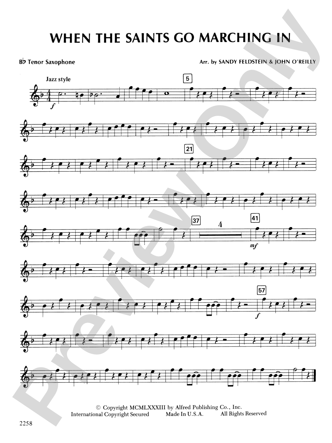 When the Saints Go Marching In: B-flat Tenor Saxophone