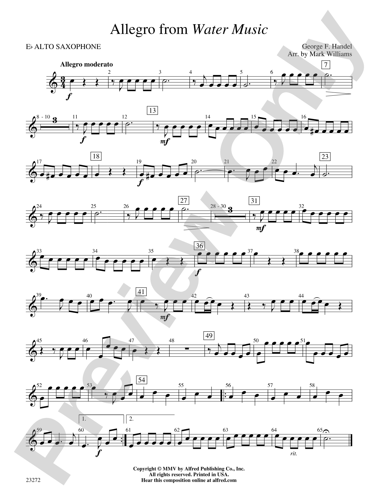 Allegro from Water Music: E-flat Alto Saxophone