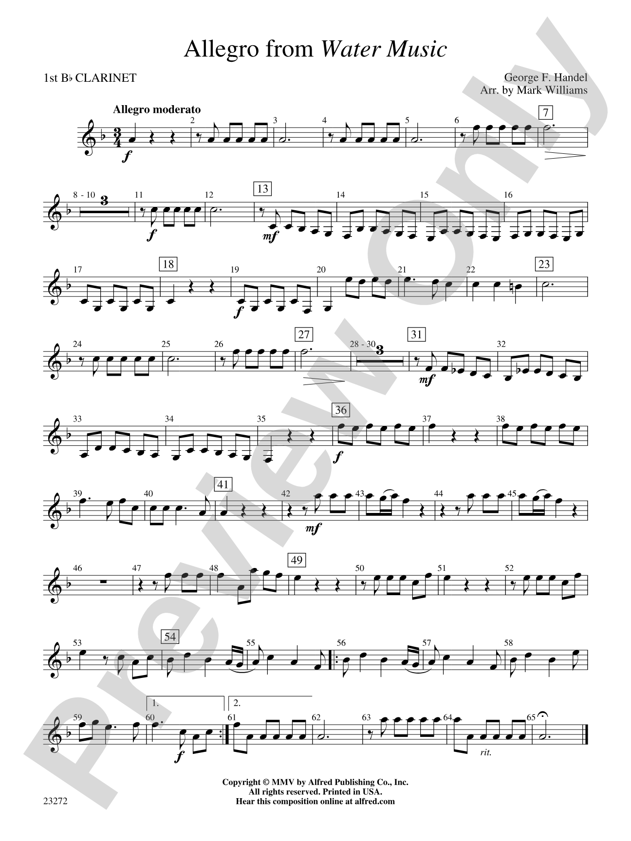 Allegro from Water Music: 1st B-flat Clarinet