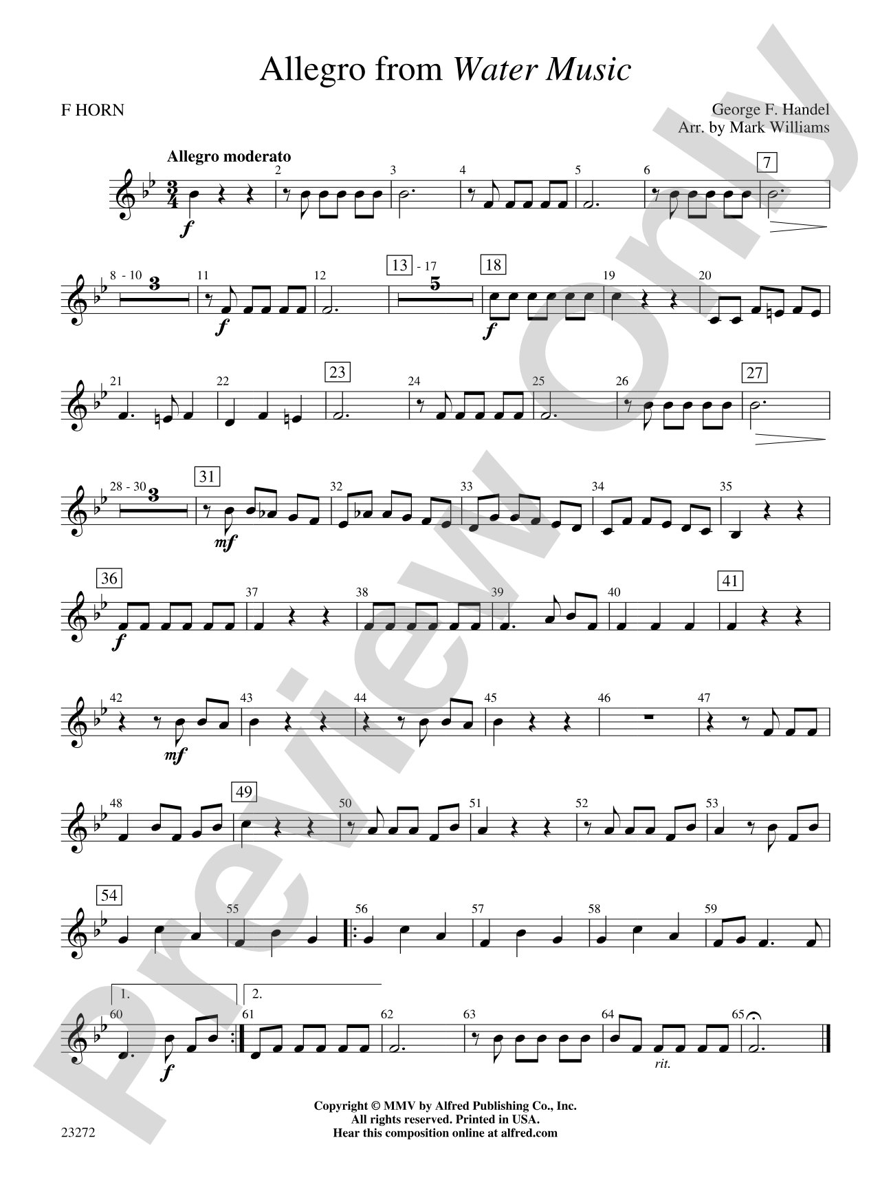 Allegro from Water Music: 1st F Horn