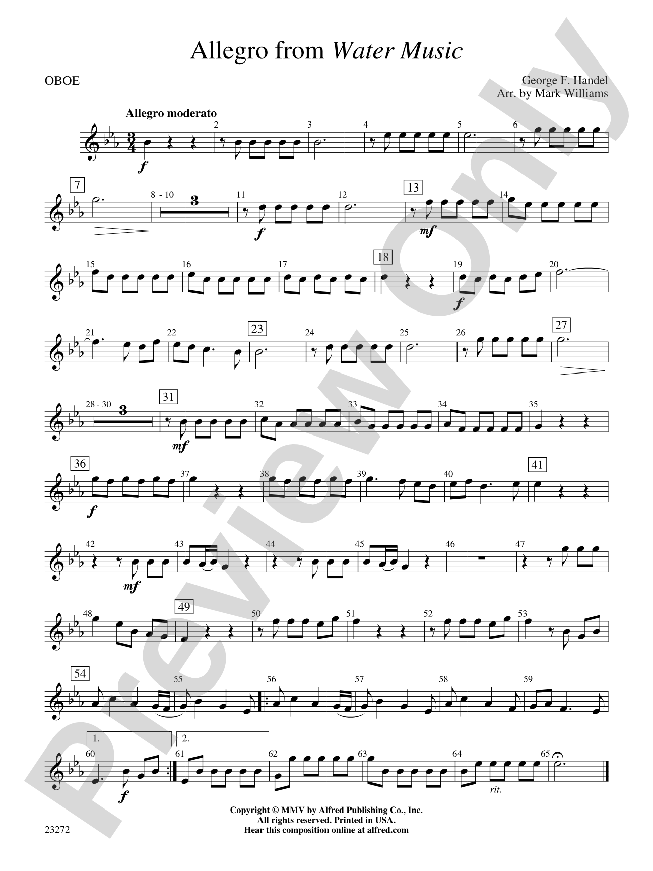Allegro from Water Music: Oboe