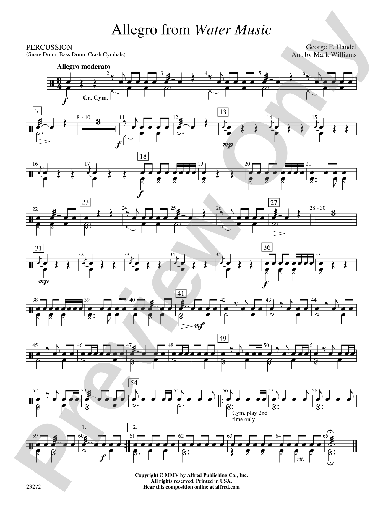 Allegro from Water Music: 1st Percussion