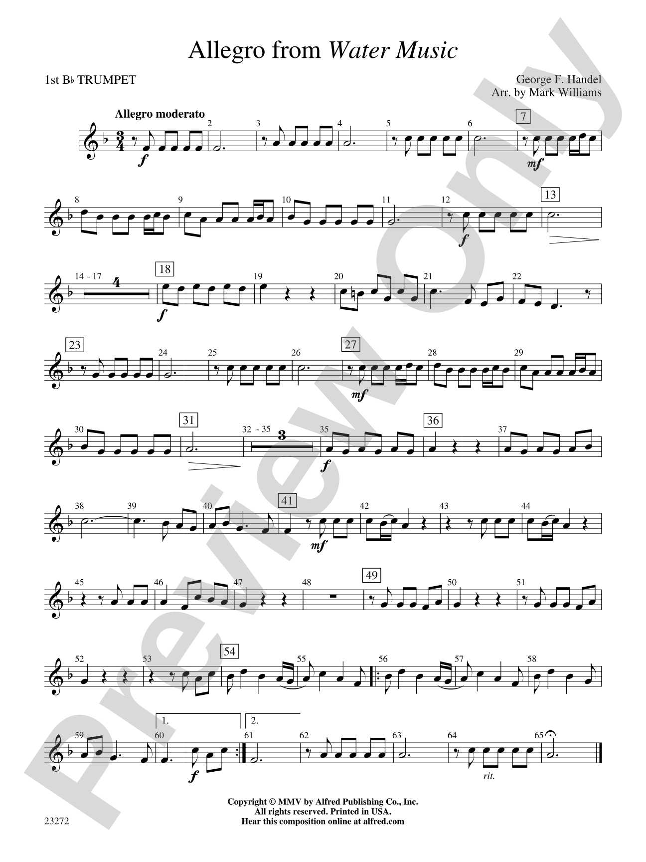 Allegro from Water Music: 1st B-flat Trumpet