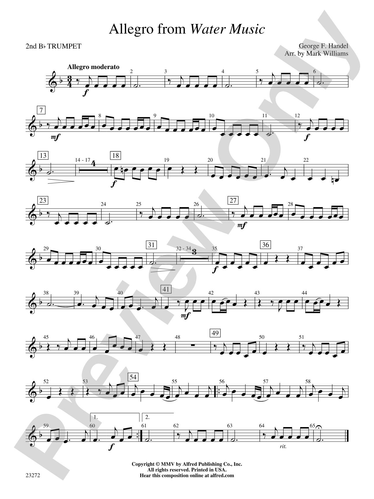 Allegro from Water Music: 2nd B-flat Trumpet