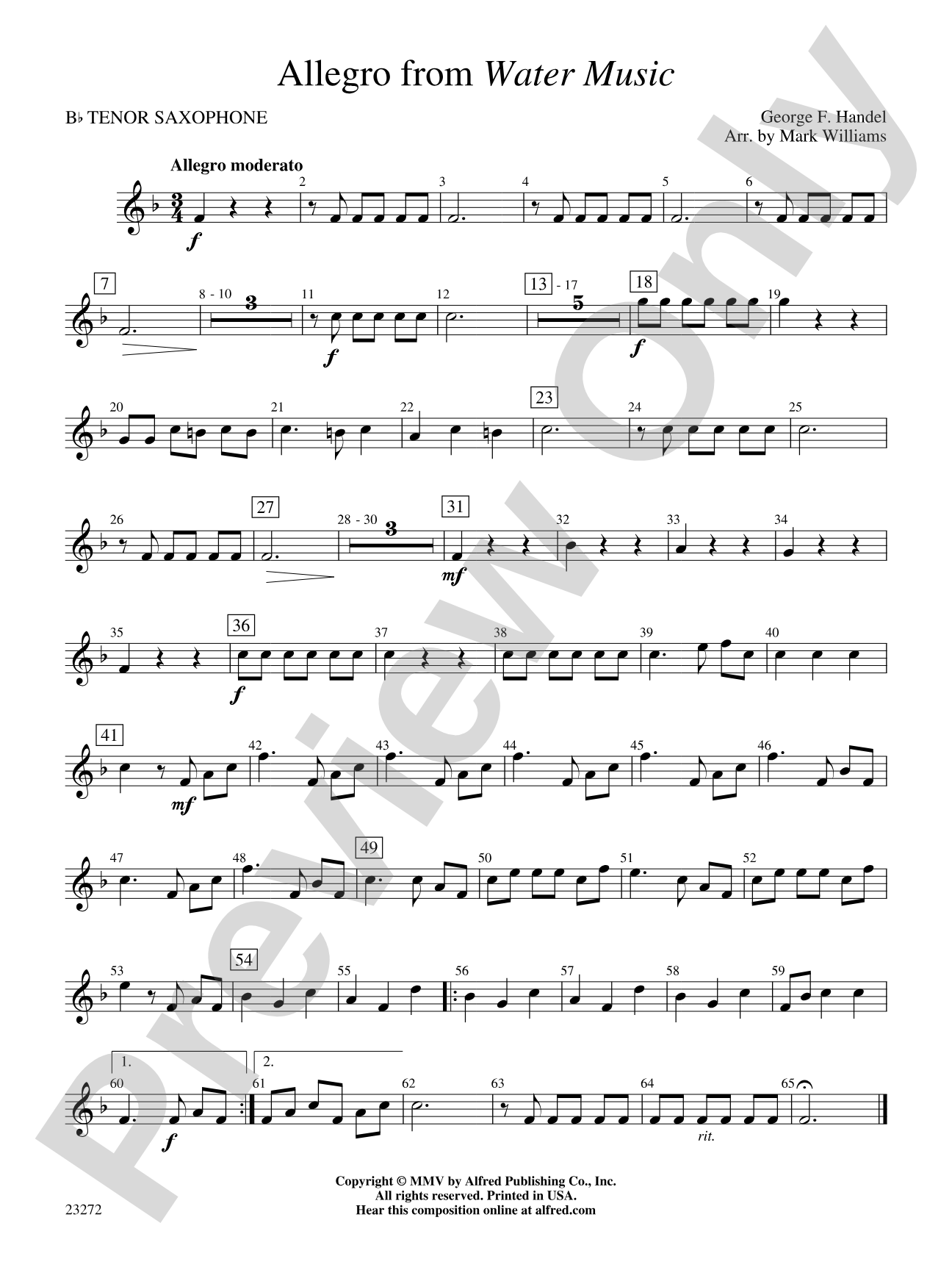 Allegro from Water Music: B-flat Tenor Saxophone