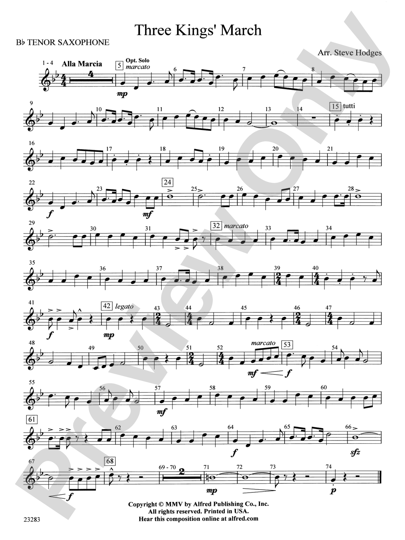 Three Kings' March: B-flat Tenor Saxophone
