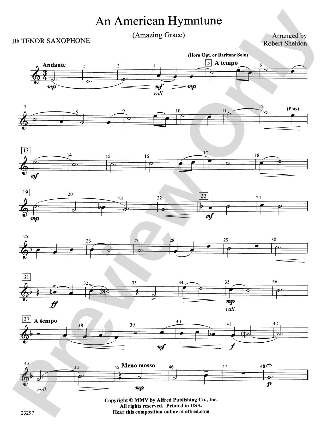 An American Hymntune (Amazing Grace): B-flat Tenor Saxophone