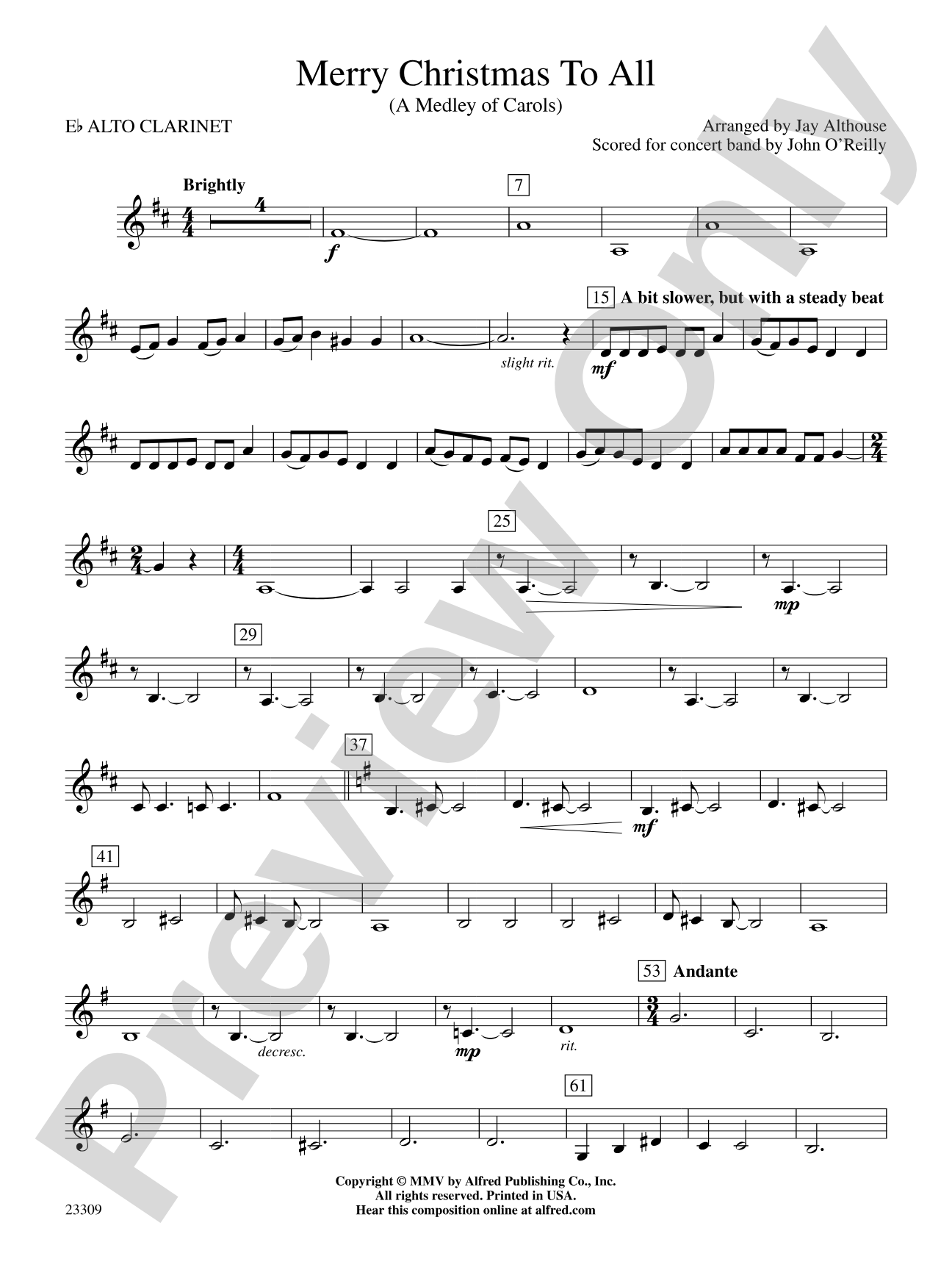 Merry Christmas to All (A Medley of Carols): E-flat Alto Clarinet