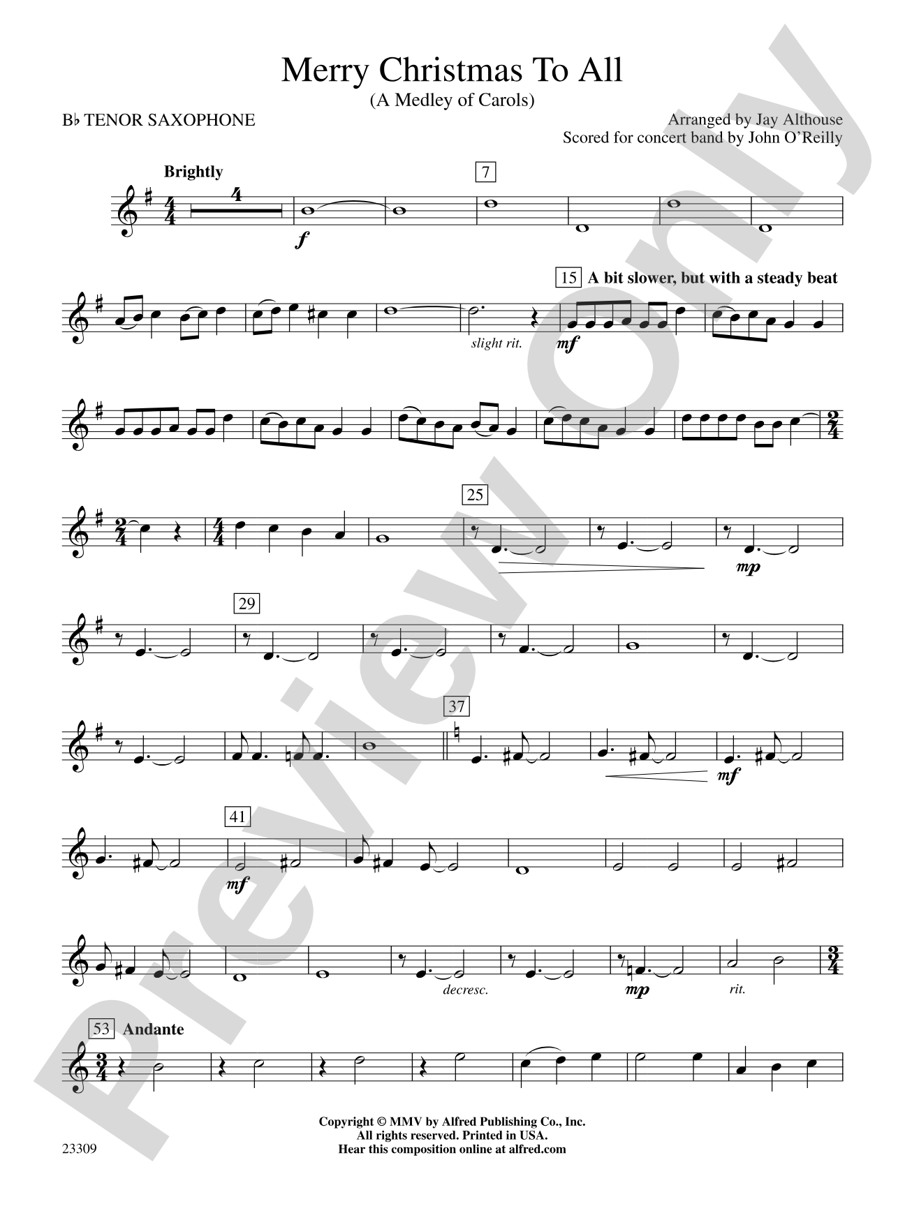 Merry Christmas to All (A Medley of Carols): B-flat Tenor Saxophone