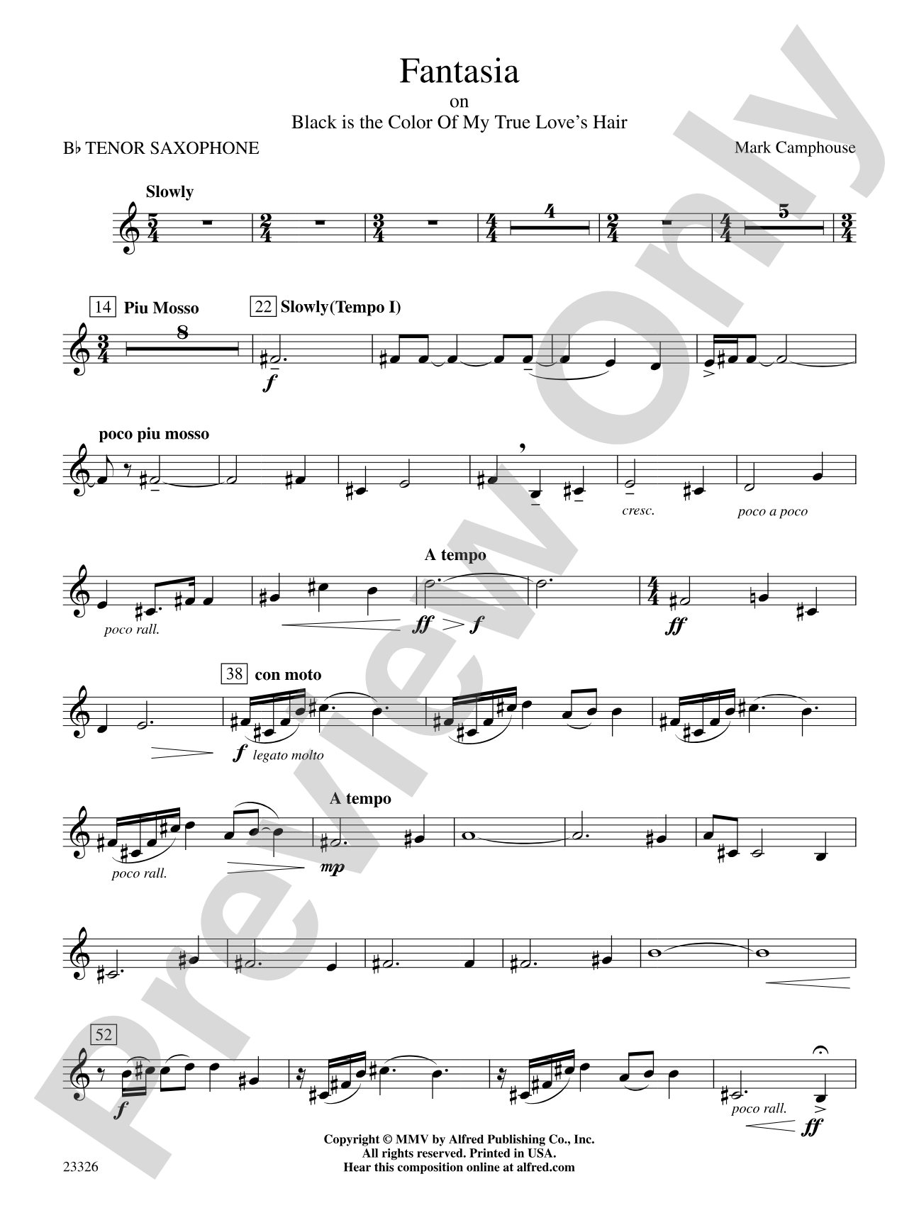 Fantasia (on "Black Is the Color of My True Love's Hair"): B-flat Tenor Saxophone