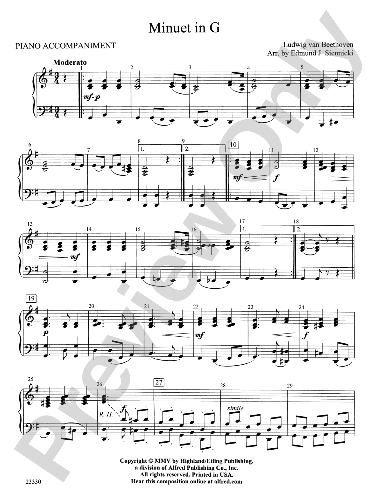 Minuet in G: Piano Accompaniment