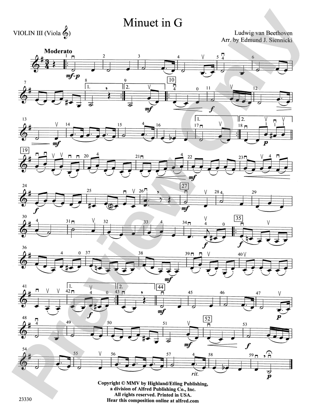 Minuet in G: 3rd Violin (Viola [TC])