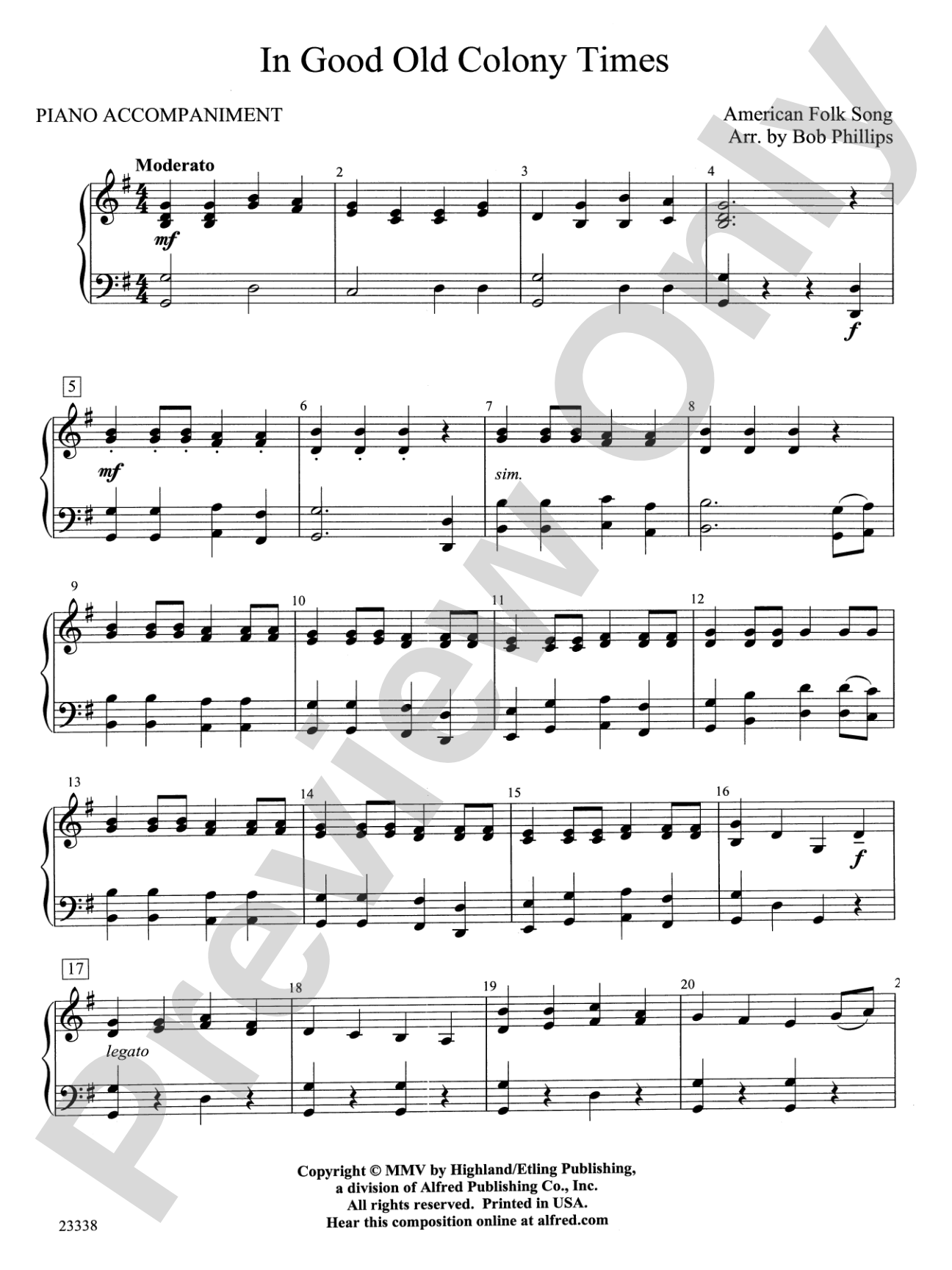 In Good Old Colony Times: Piano Accompaniment