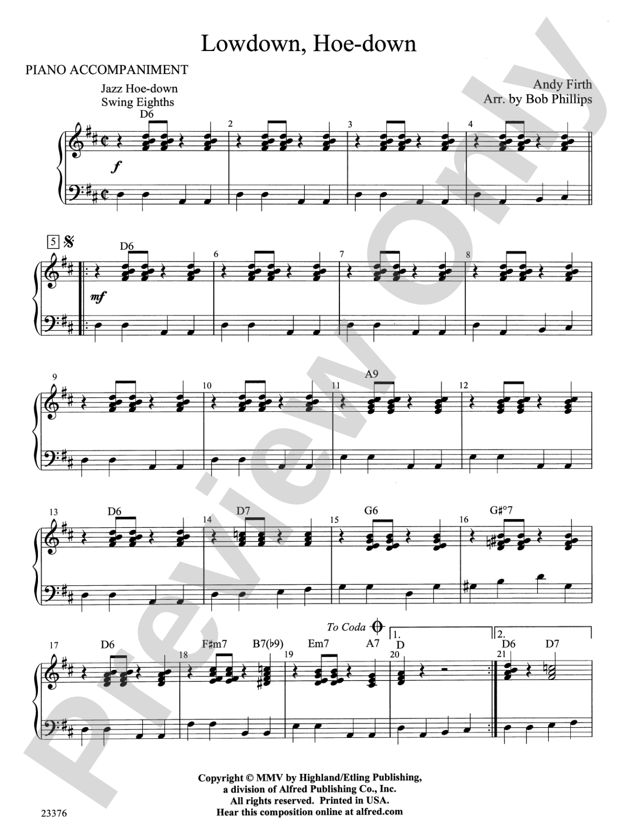 Lowdown, Hoe-down: Piano Accompaniment