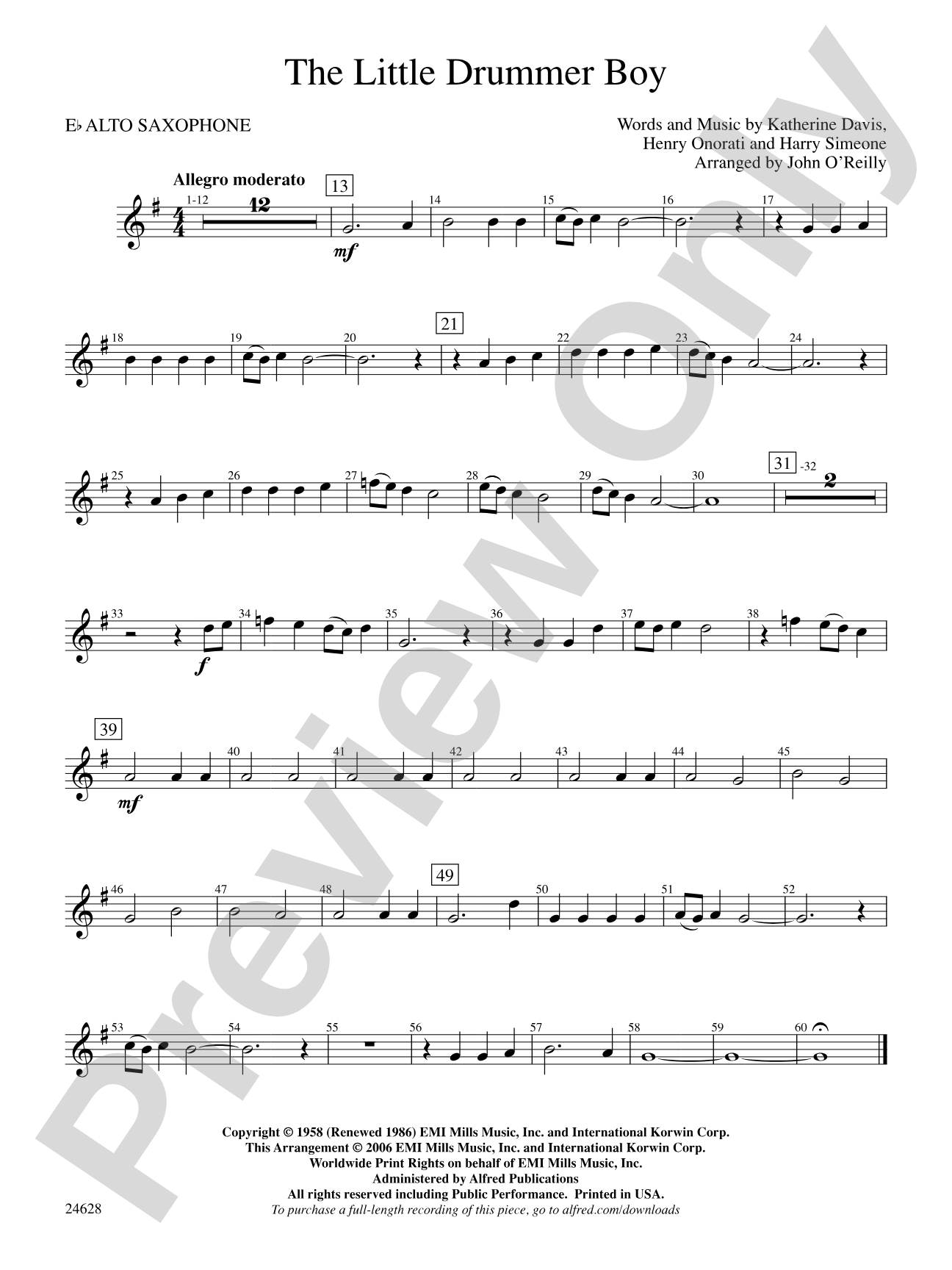 The Little Drummer Boy: E-flat Alto Saxophone