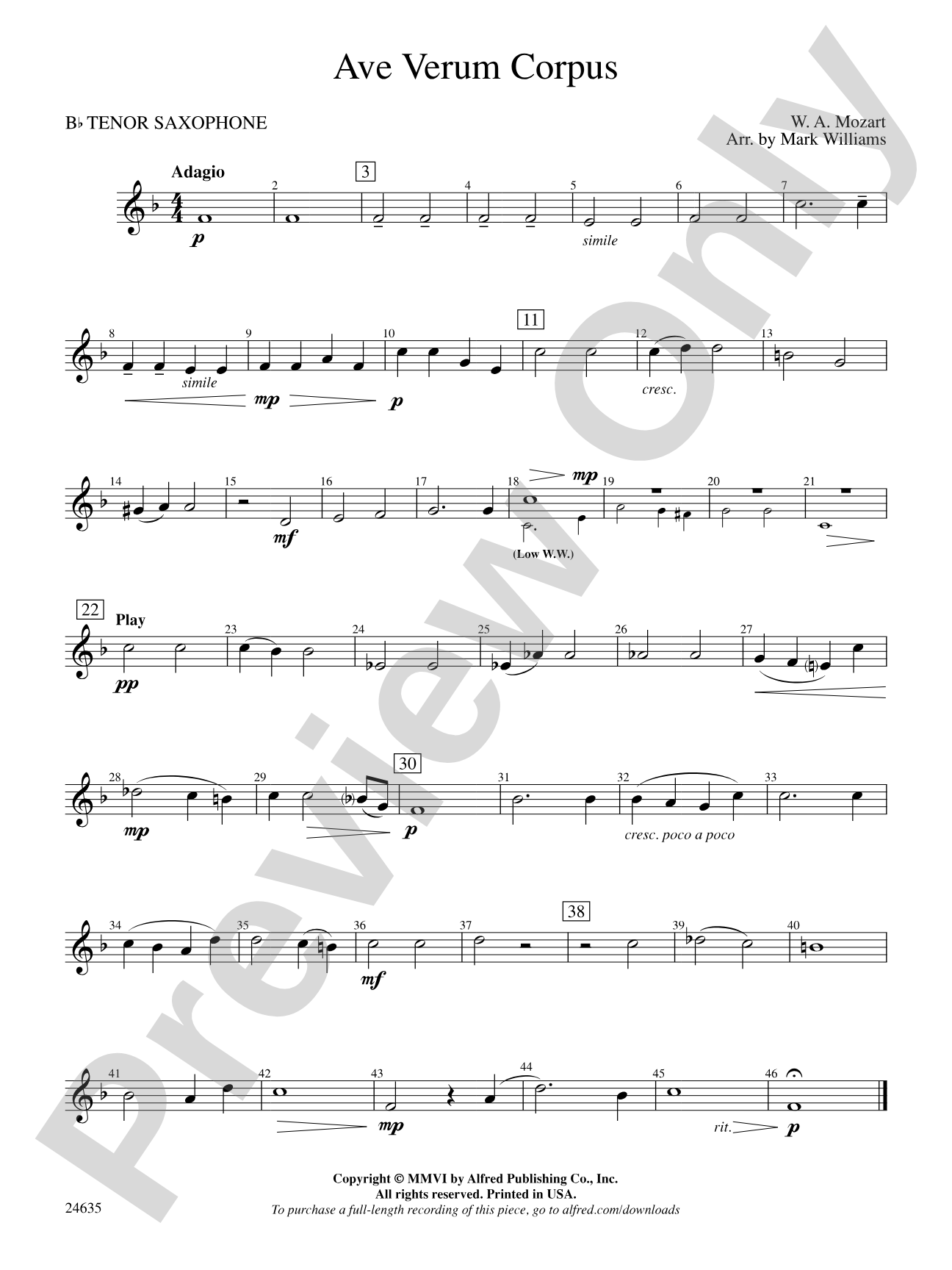 Ave Verum Corpus: B-flat Tenor Saxophone