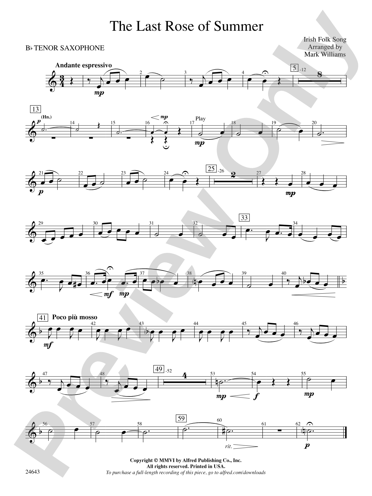The Last Rose of Summer: B-flat Tenor Saxophone