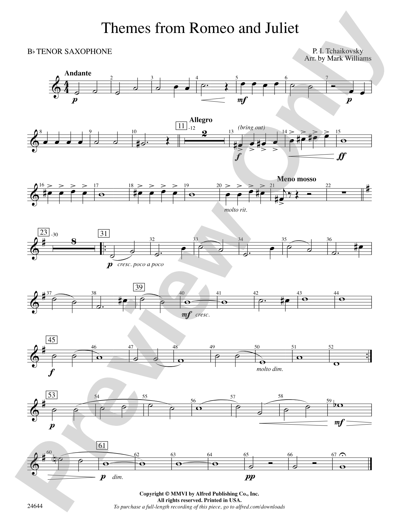 Romeo and Juliet, Themes from: B-flat Tenor Saxophone