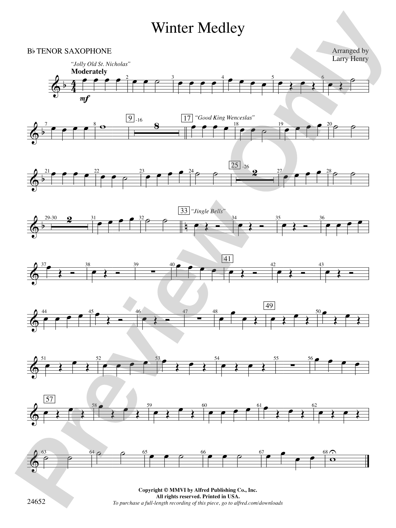 Winter Medley: B-flat Tenor Saxophone