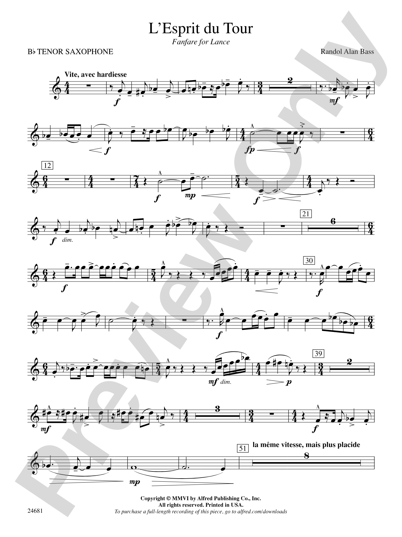 L'Esprit du Tour: A Fanfare for Lance: B-flat Tenor Saxophone