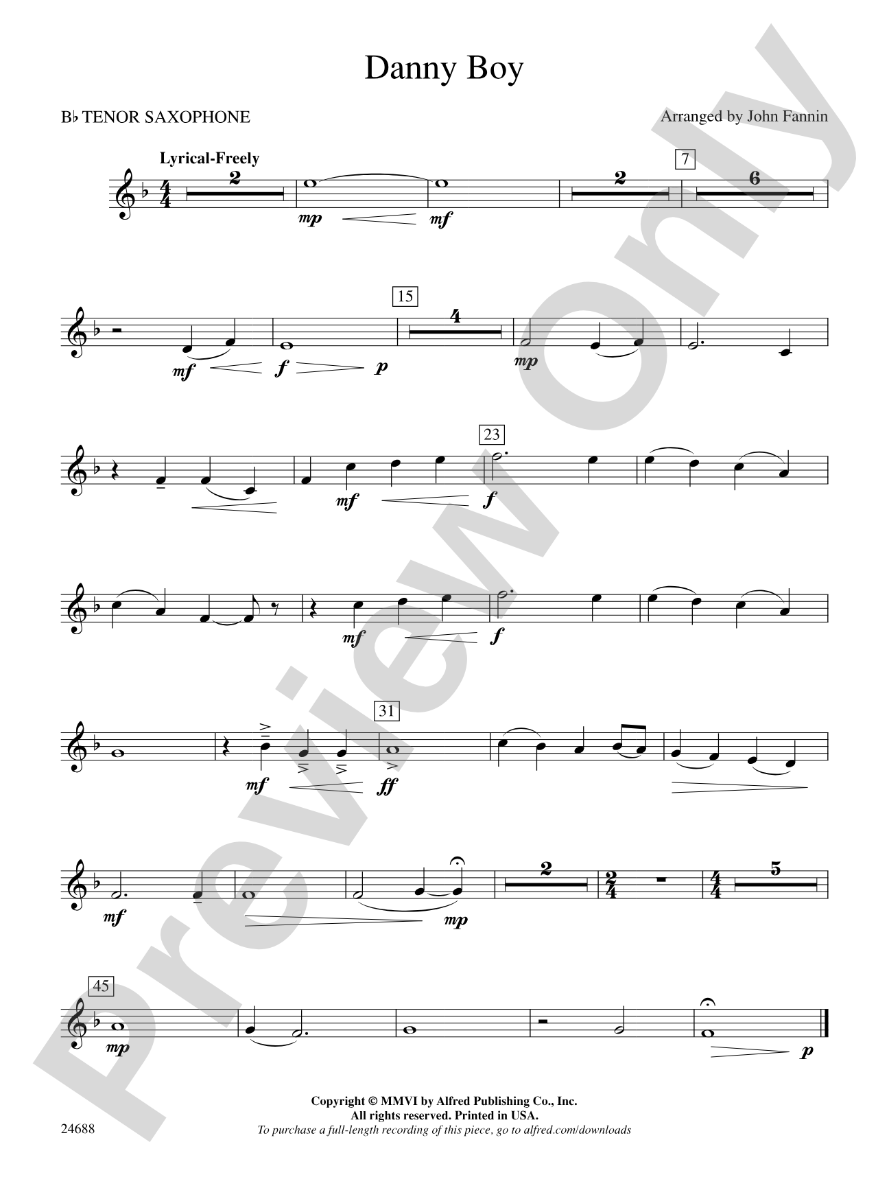Danny Boy: B-flat Tenor Saxophone