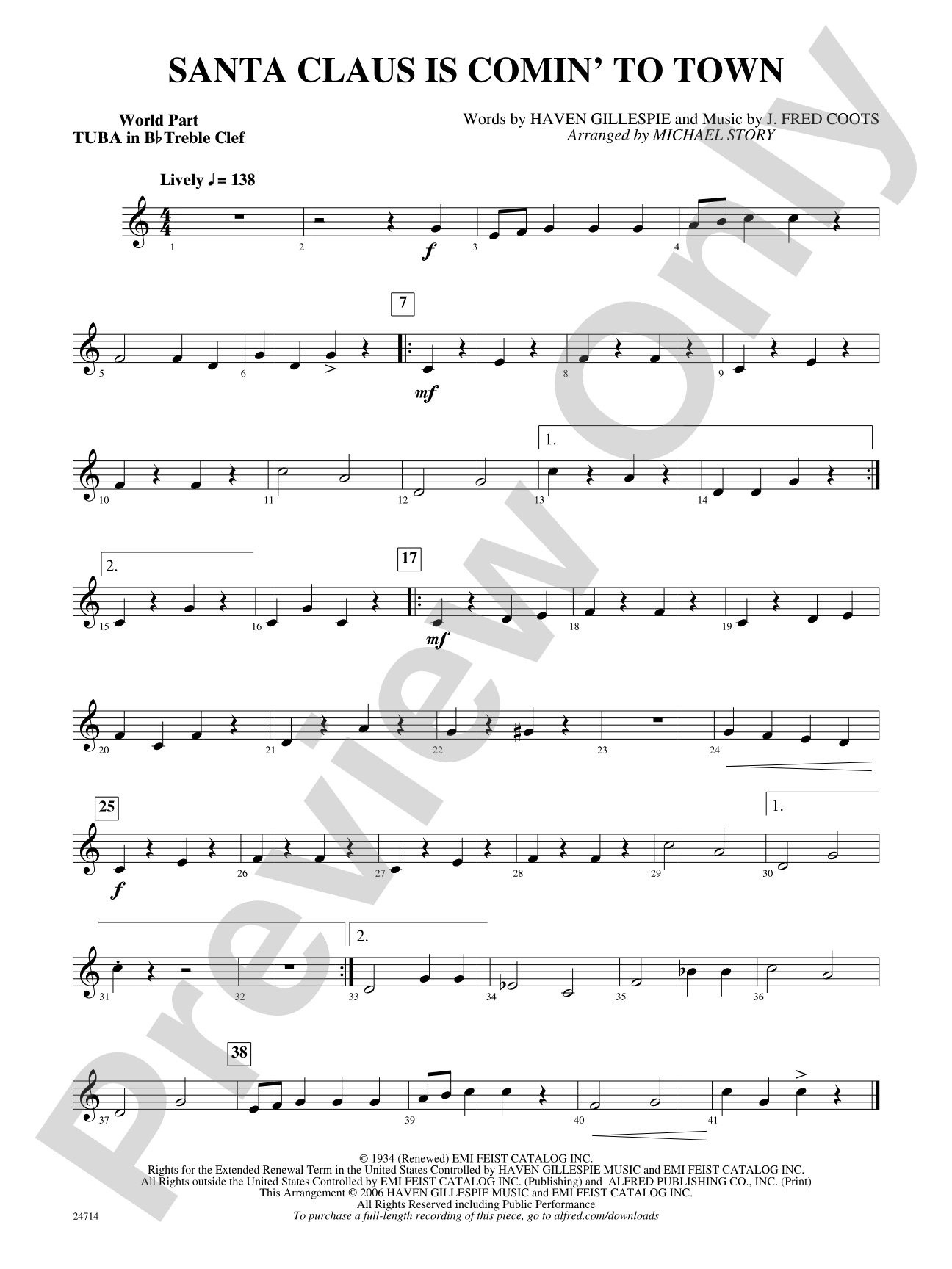 Santa Claus Is Comin' to Town: (wp) B-flat Tuba T.C.