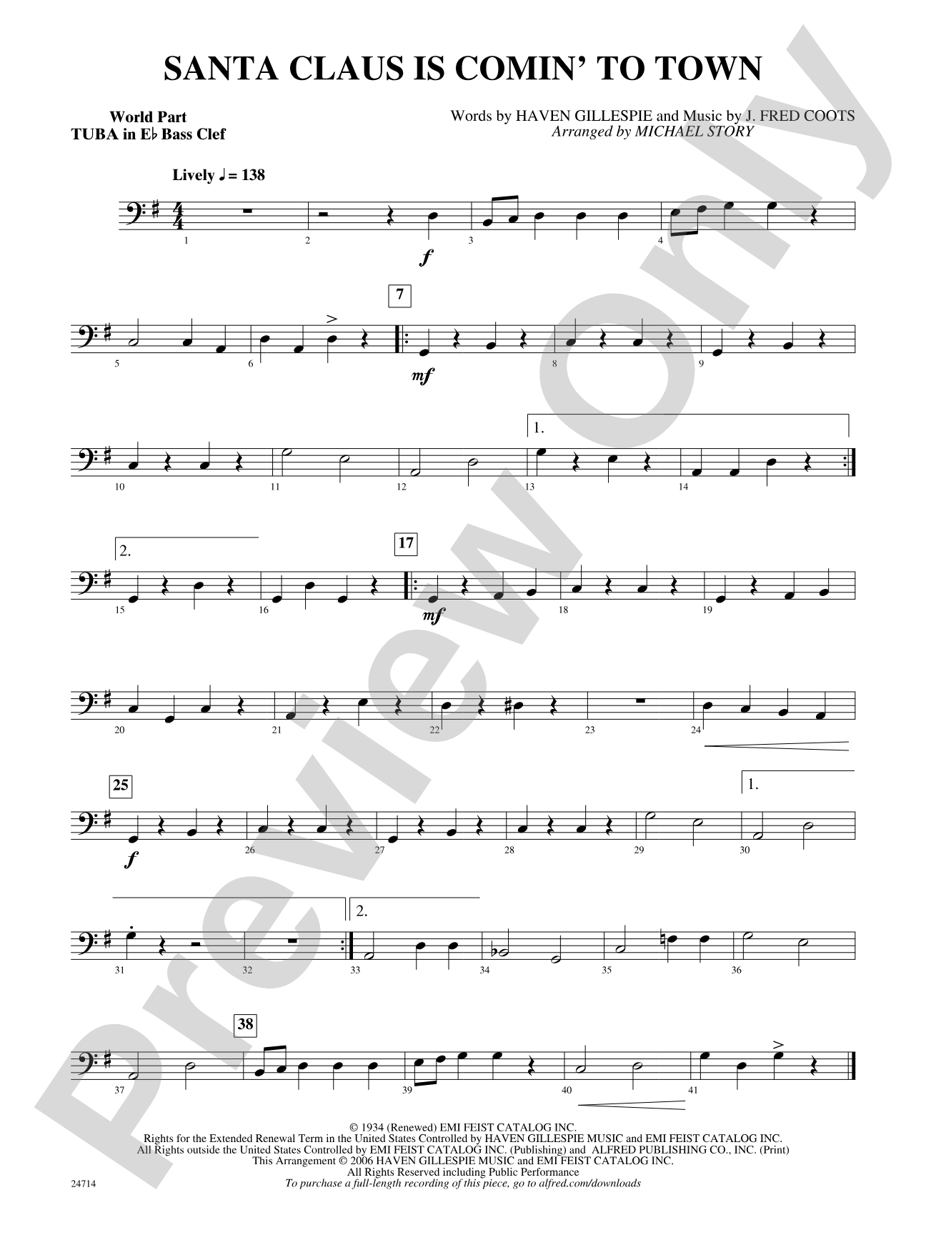 Santa Claus Is Comin' to Town: (wp) E-flat Tuba B.C.