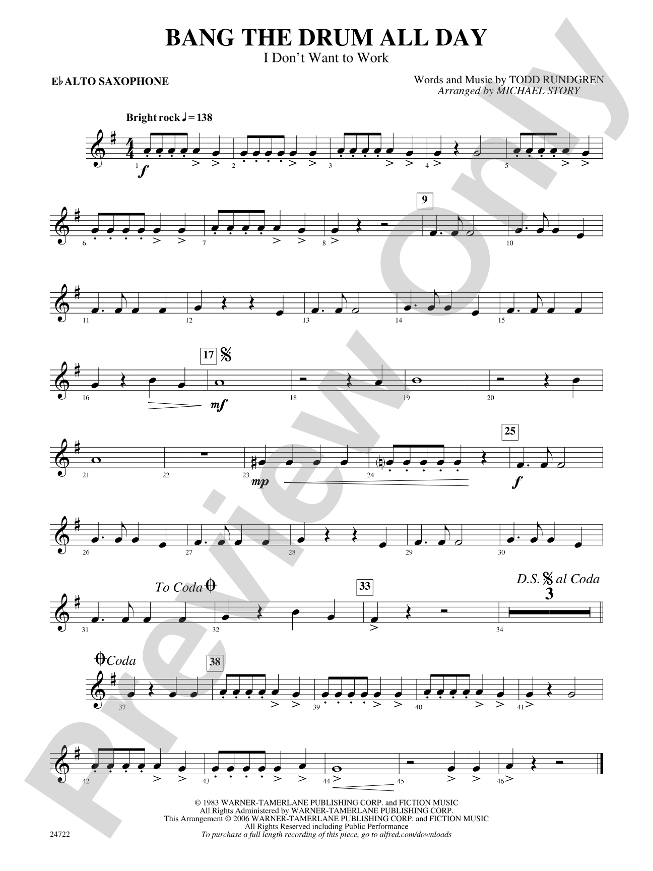 Bang the Drum All Day (I Don't Want to Work): E-flat Alto Saxophone