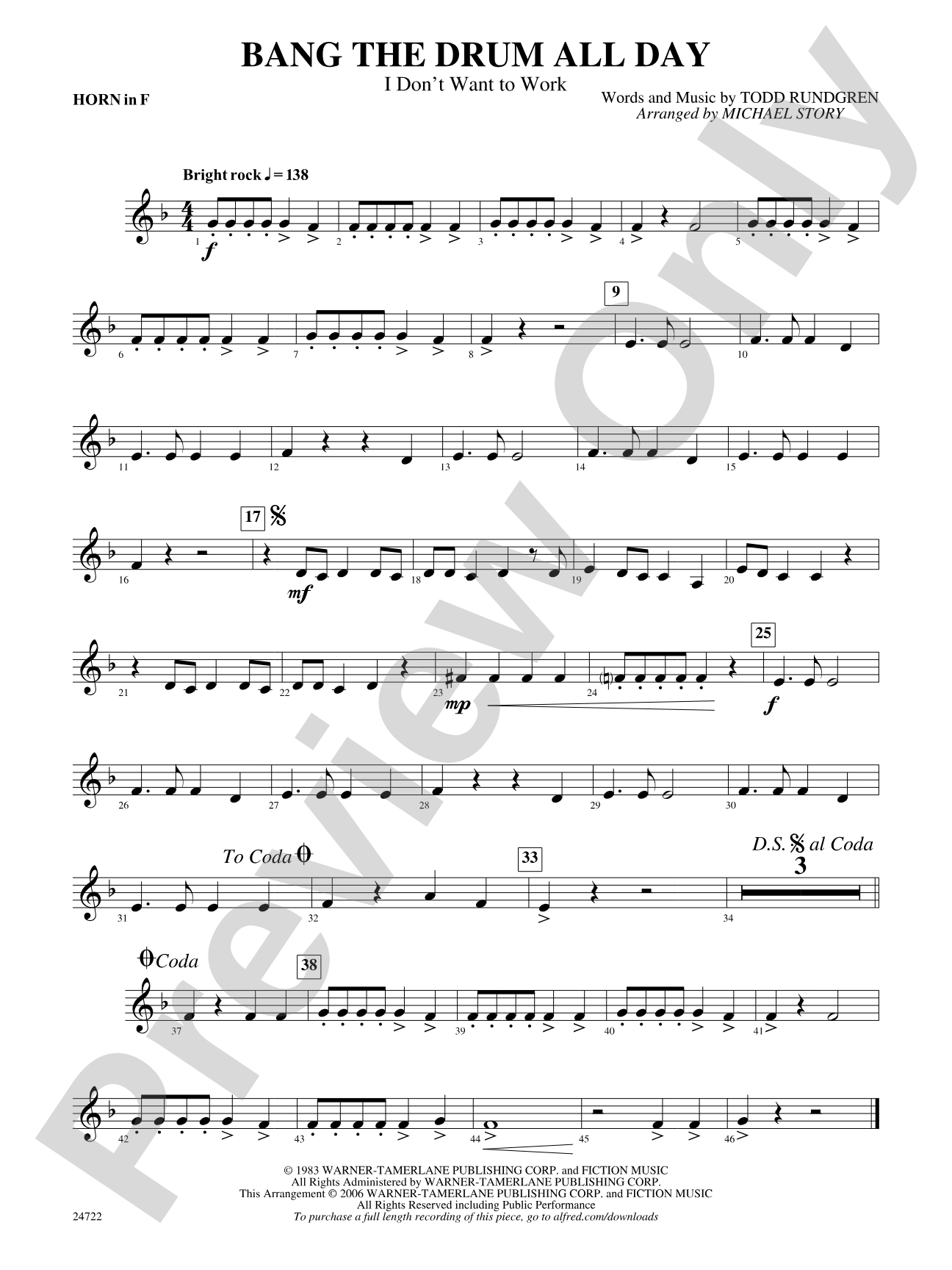 Bang the Drum All Day (I Don't Want to Work): 1st F Horn