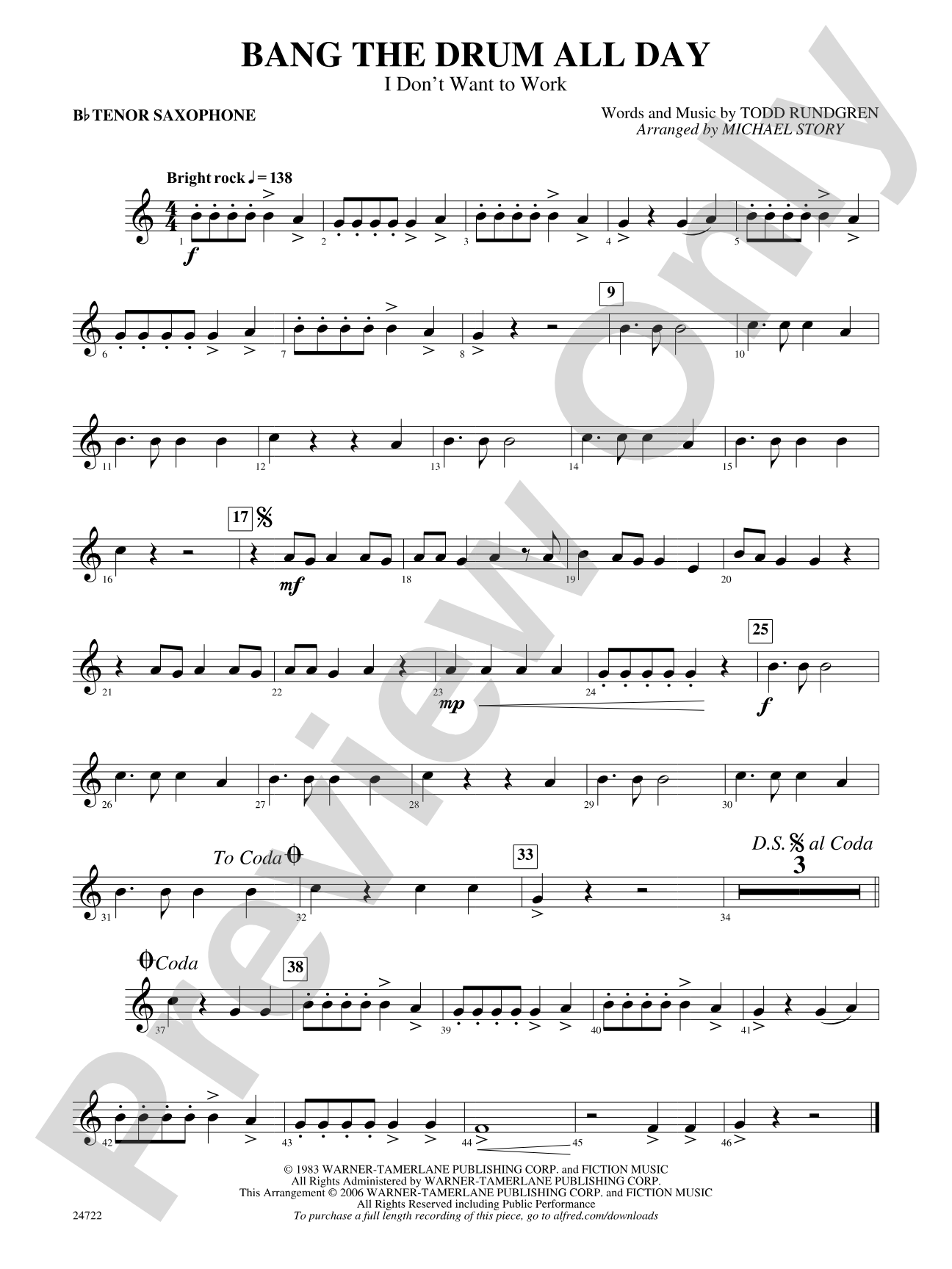 Bang the Drum All Day (I Don't Want to Work): B-flat Tenor Saxophone