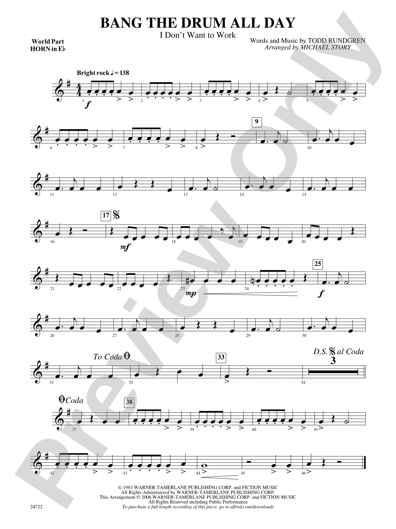 Bang the Drum All Day (I Don't Want to Work): (wp) 1st Horn in E-flat
