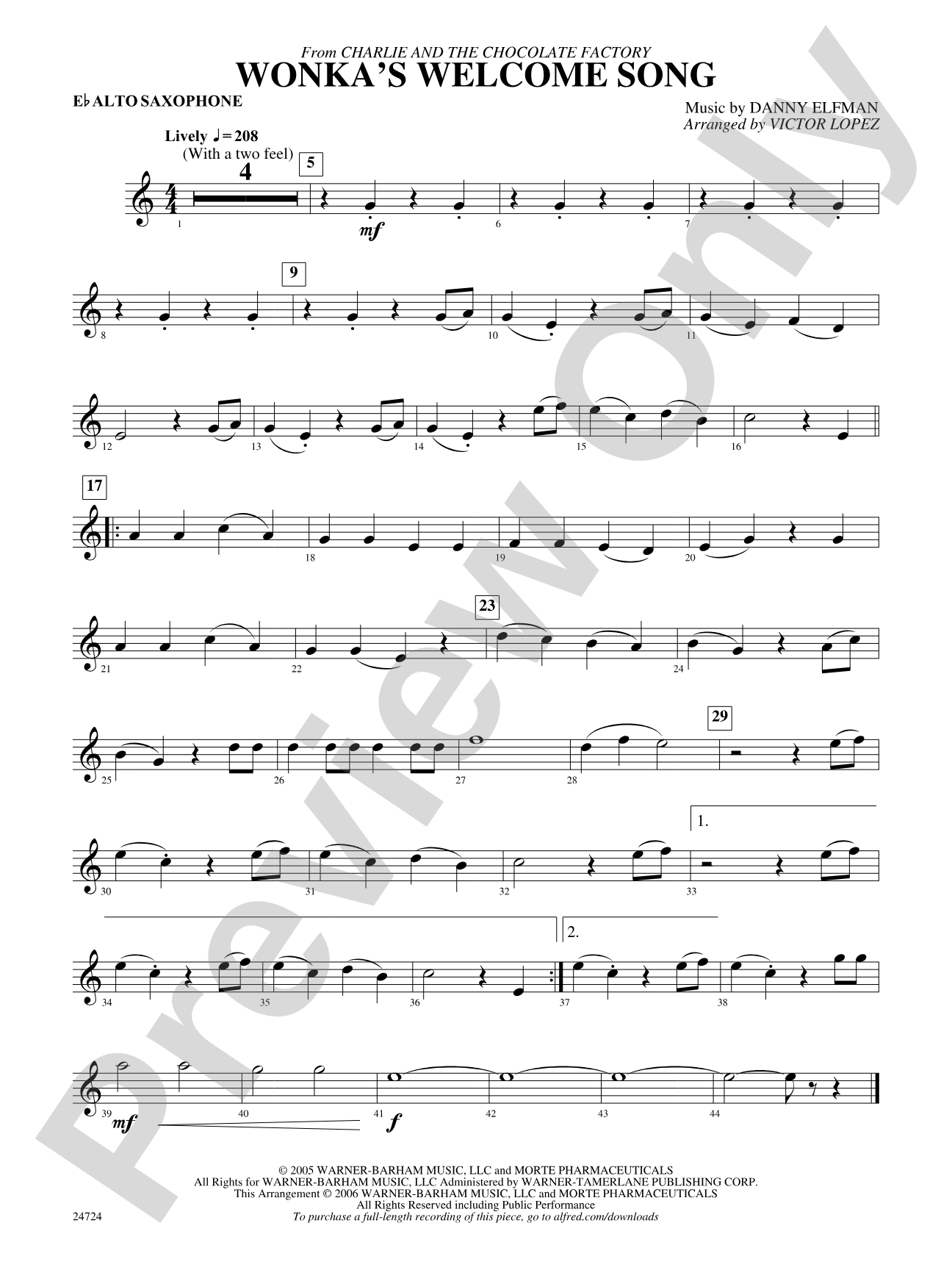 Wonka's Welcome Song (from Charlie and the Chocolate Factory): E-flat Alto Saxophone