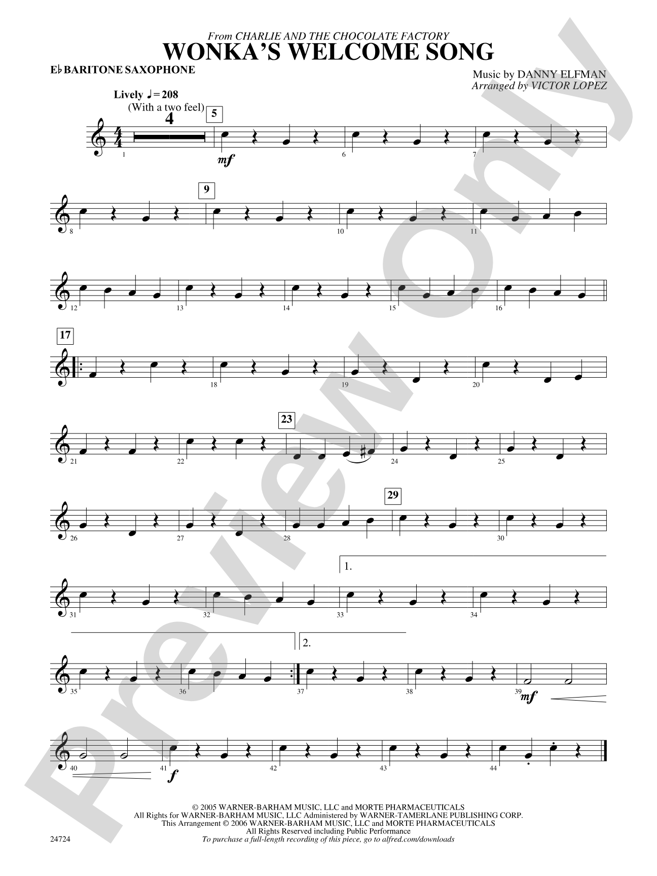 Wonka's Welcome Song (from Charlie and the Chocolate Factory): E-flat Baritone Saxophone