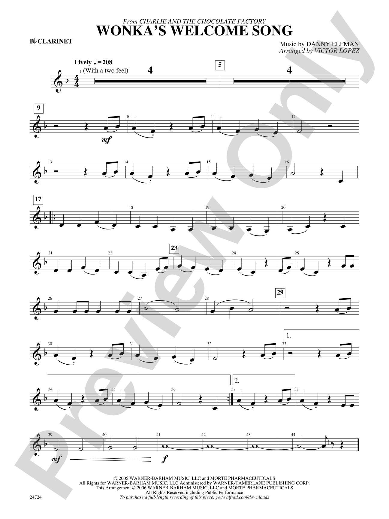 Wonka's Welcome Song (from Charlie and the Chocolate Factory): 1st B-flat Clarinet