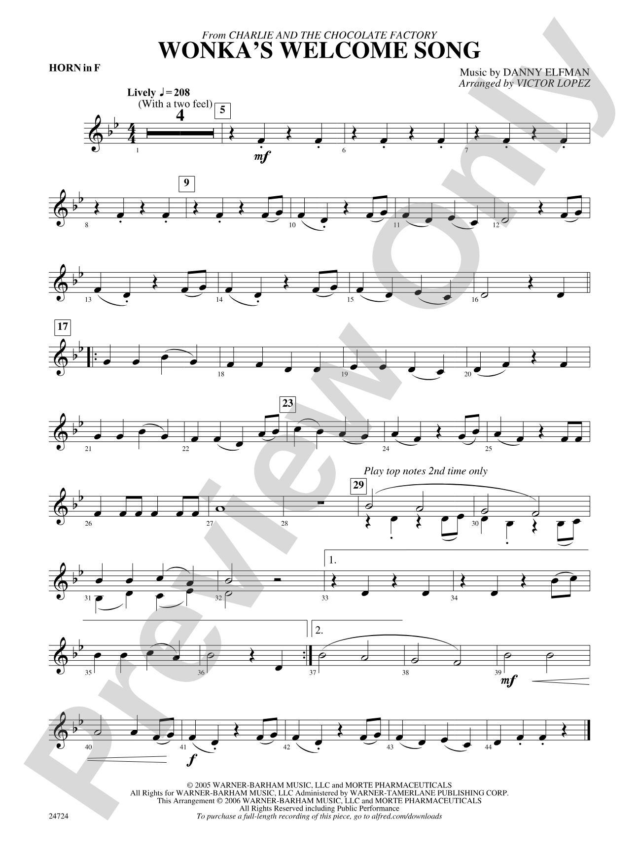 Wonka's Welcome Song (from Charlie and the Chocolate Factory): 1st F Horn