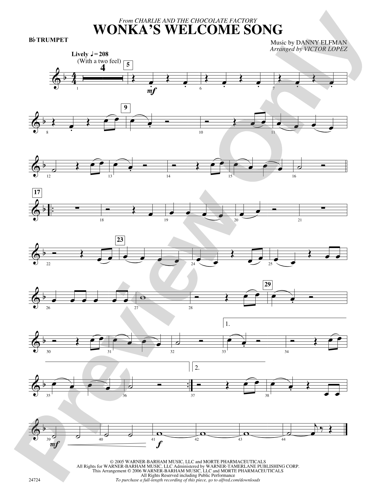 Wonka's Welcome Song (from Charlie and the Chocolate Factory): 1st B-flat Trumpet