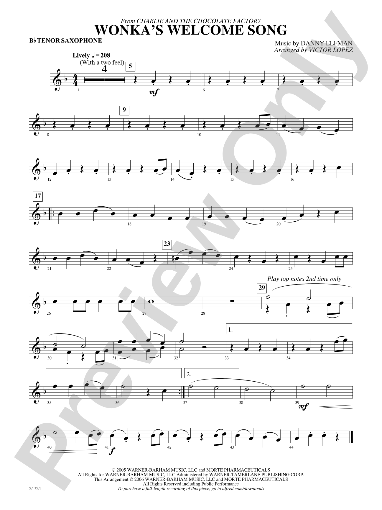 Wonka's Welcome Song (from Charlie and the Chocolate Factory): B-flat Tenor Saxophone