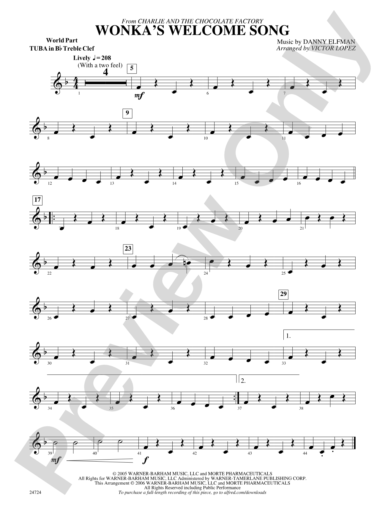 Wonka's Welcome Song (from Charlie and the Chocolate Factory): (wp) B-flat Tuba T.C.