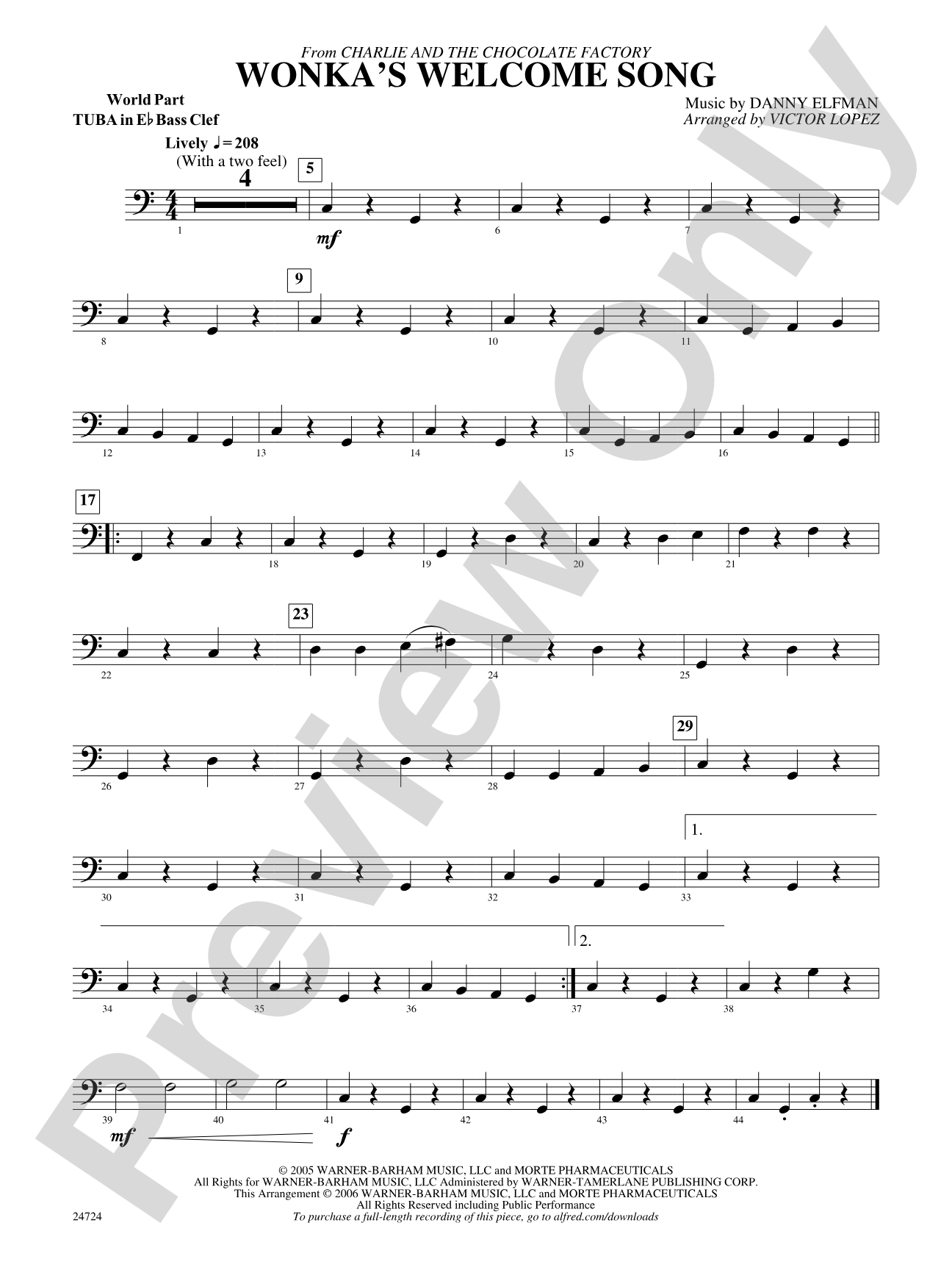 Wonka's Welcome Song (from Charlie and the Chocolate Factory): (wp) E-flat Tuba B.C.