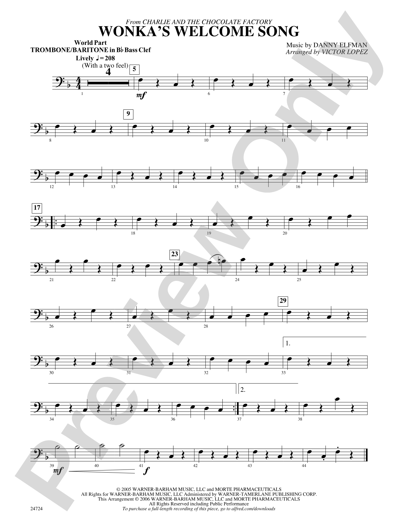 Wonka's Welcome Song (from Charlie and the Chocolate Factory): (wp) 1st B-flat Trombone B.C.