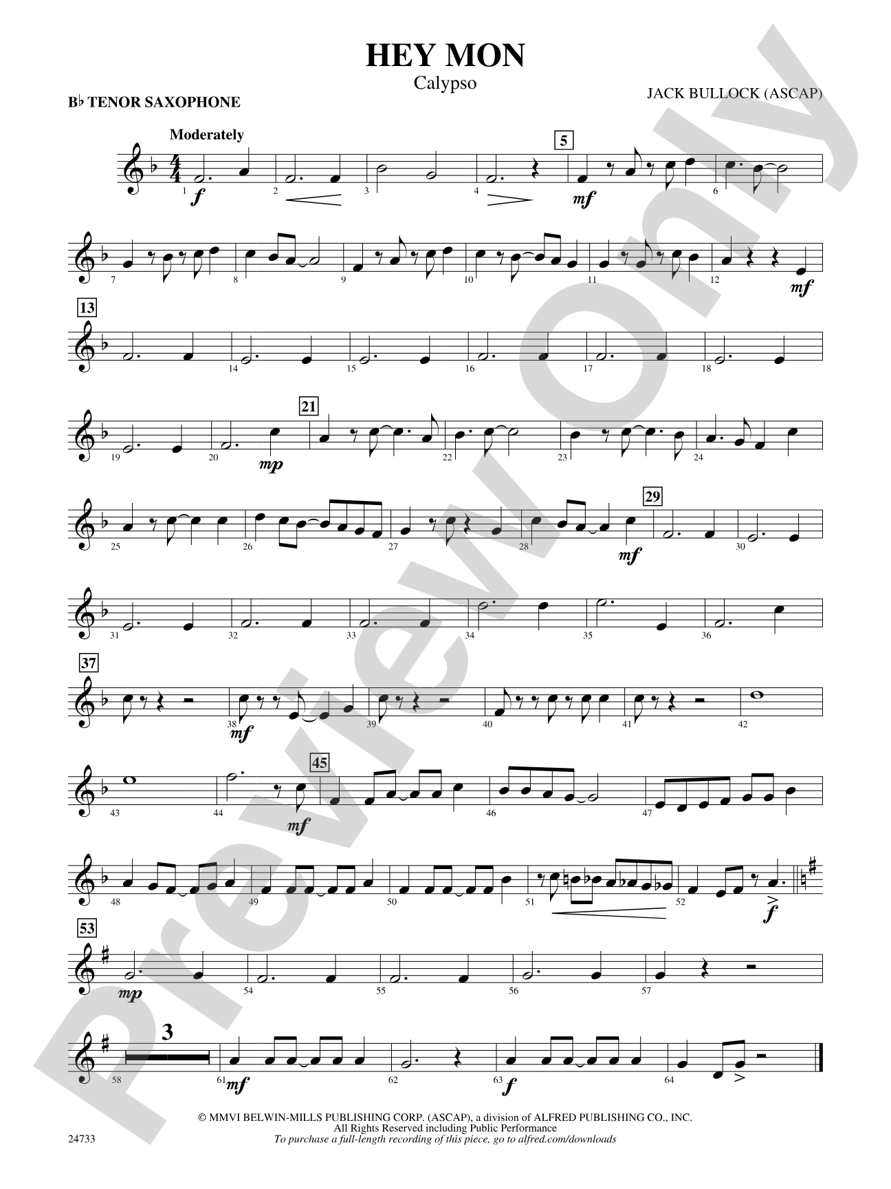 Hey Mon (Calypso): B-flat Tenor Saxophone