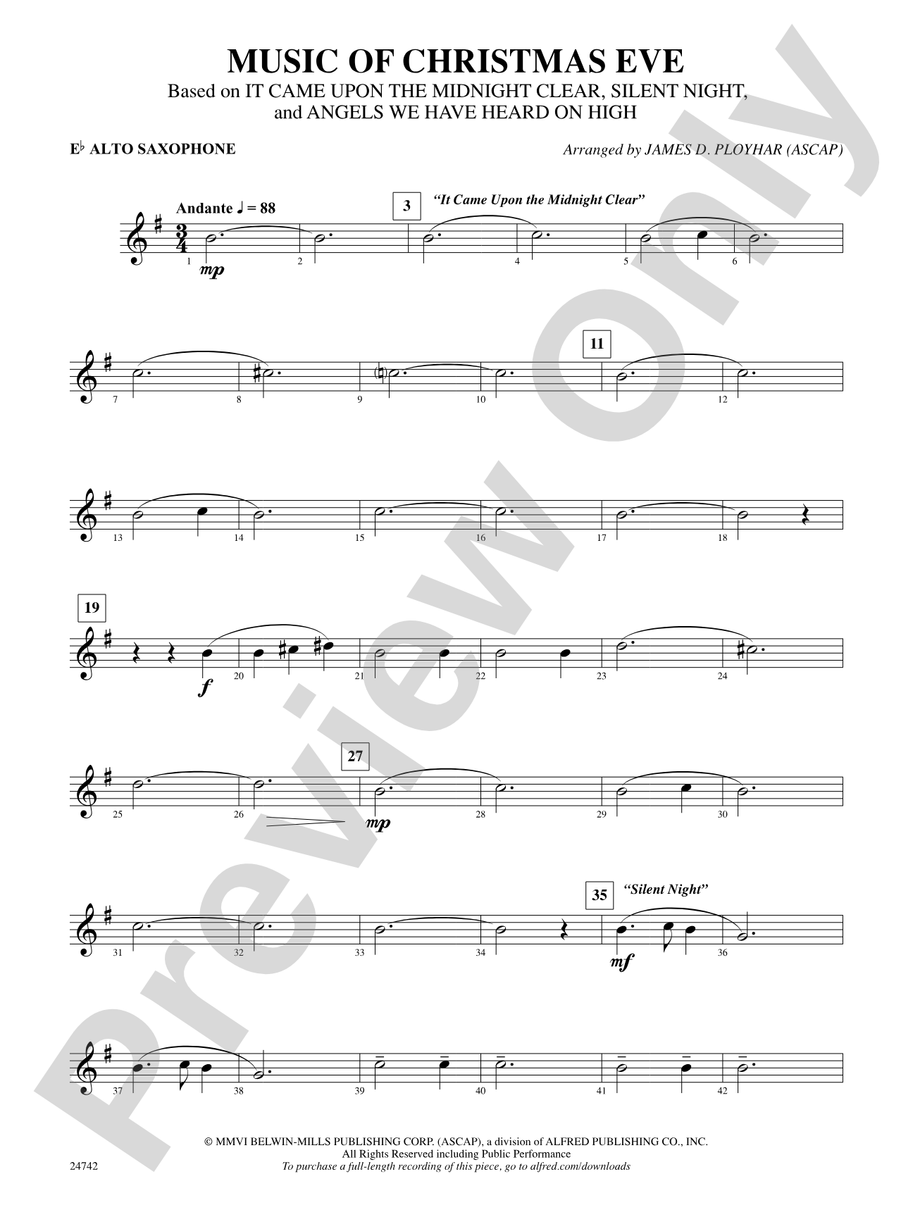 Music of Christmas Eve (Based on "It Came Upon the Midnight Clear," "Silent Night," and "Angels We Have Heard on High"): E-flat Alto Saxophone