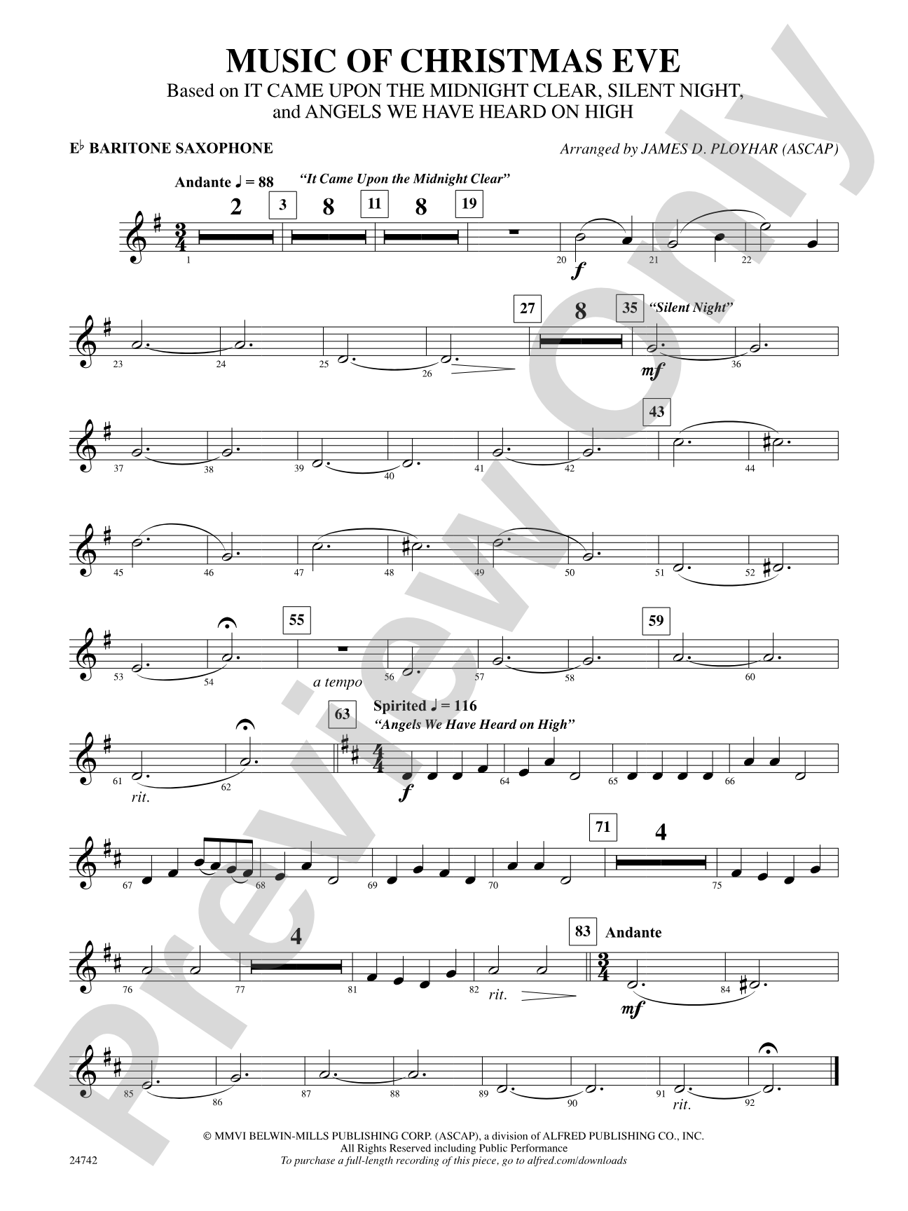 Music of Christmas Eve (Based on "It Came Upon the Midnight Clear," "Silent Night," and "Angels We Have Heard on High"): E-flat Baritone Saxophone