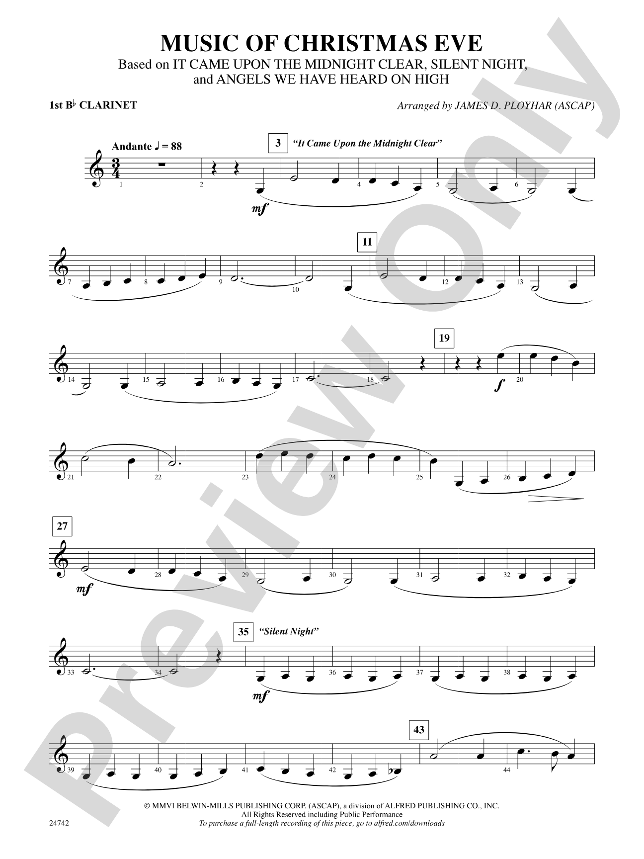 Music of Christmas Eve (Based on "It Came Upon the Midnight Clear," "Silent Night," and "Angels We Have Heard on High"): 1st B-flat Clarinet