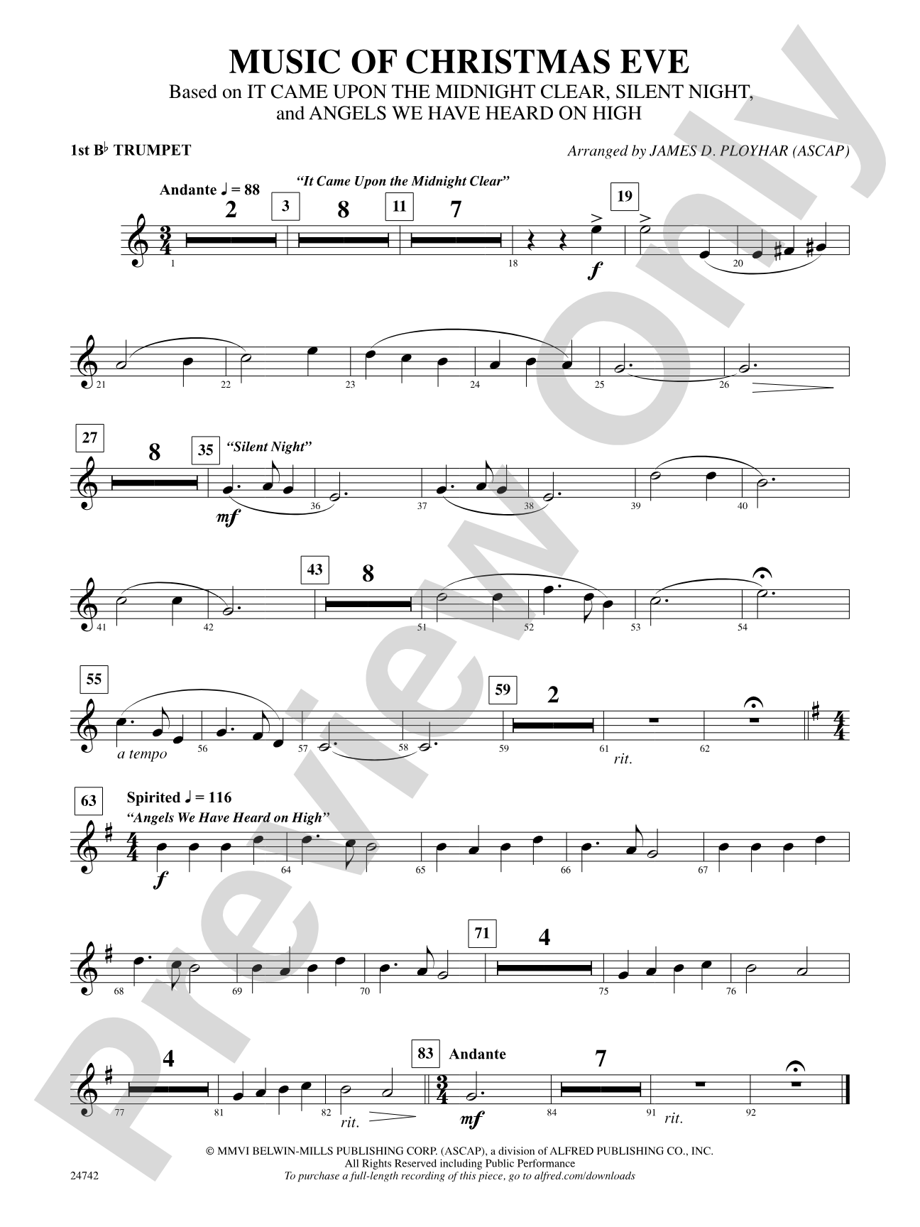 Music of Christmas Eve (Based on "It Came Upon the Midnight Clear," "Silent Night," and "Angels We Have Heard on High"): 1st B-flat Trumpet