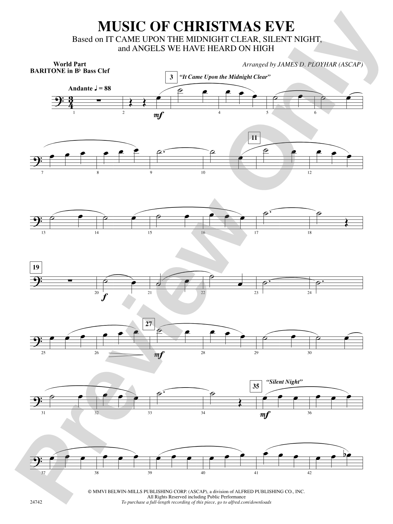 Music of Christmas Eve (Based on "It Came Upon the Midnight Clear," "Silent Night," and "Angels We Have Heard on High"): (wp) B-flat Baritone B.C.