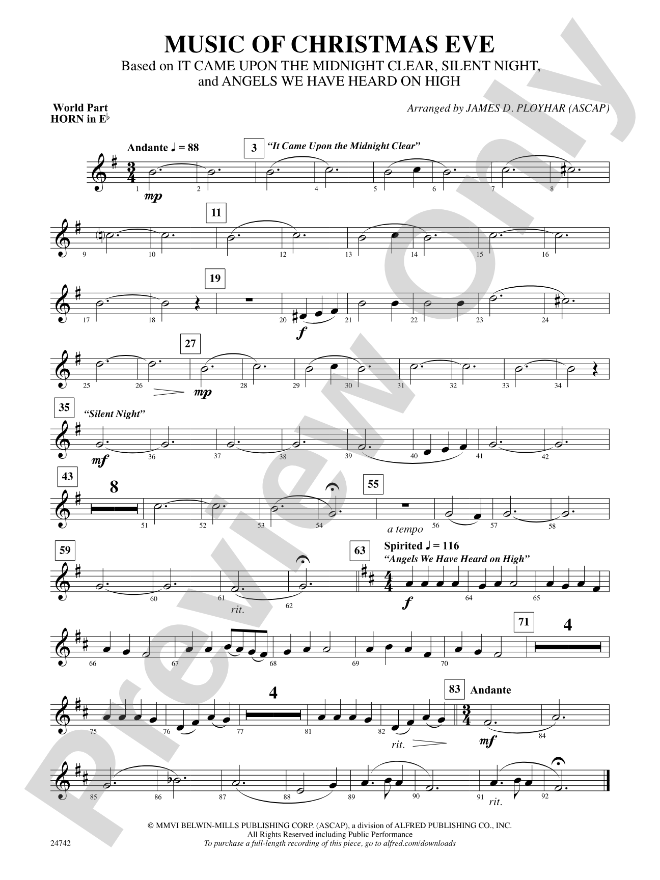 Music of Christmas Eve (Based on "It Came Upon the Midnight Clear," "Silent Night," and "Angels We Have Heard on High"): (wp) 1st Horn in E-flat