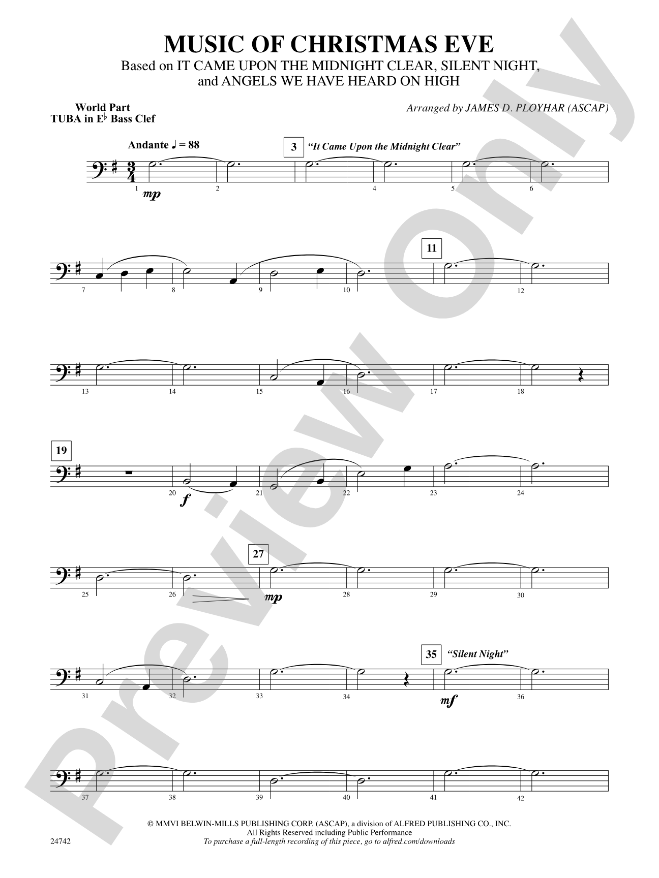 Music of Christmas Eve (Based on "It Came Upon the Midnight Clear," "Silent Night," and "Angels We Have Heard on High"): (wp) E-flat Tuba B.C.