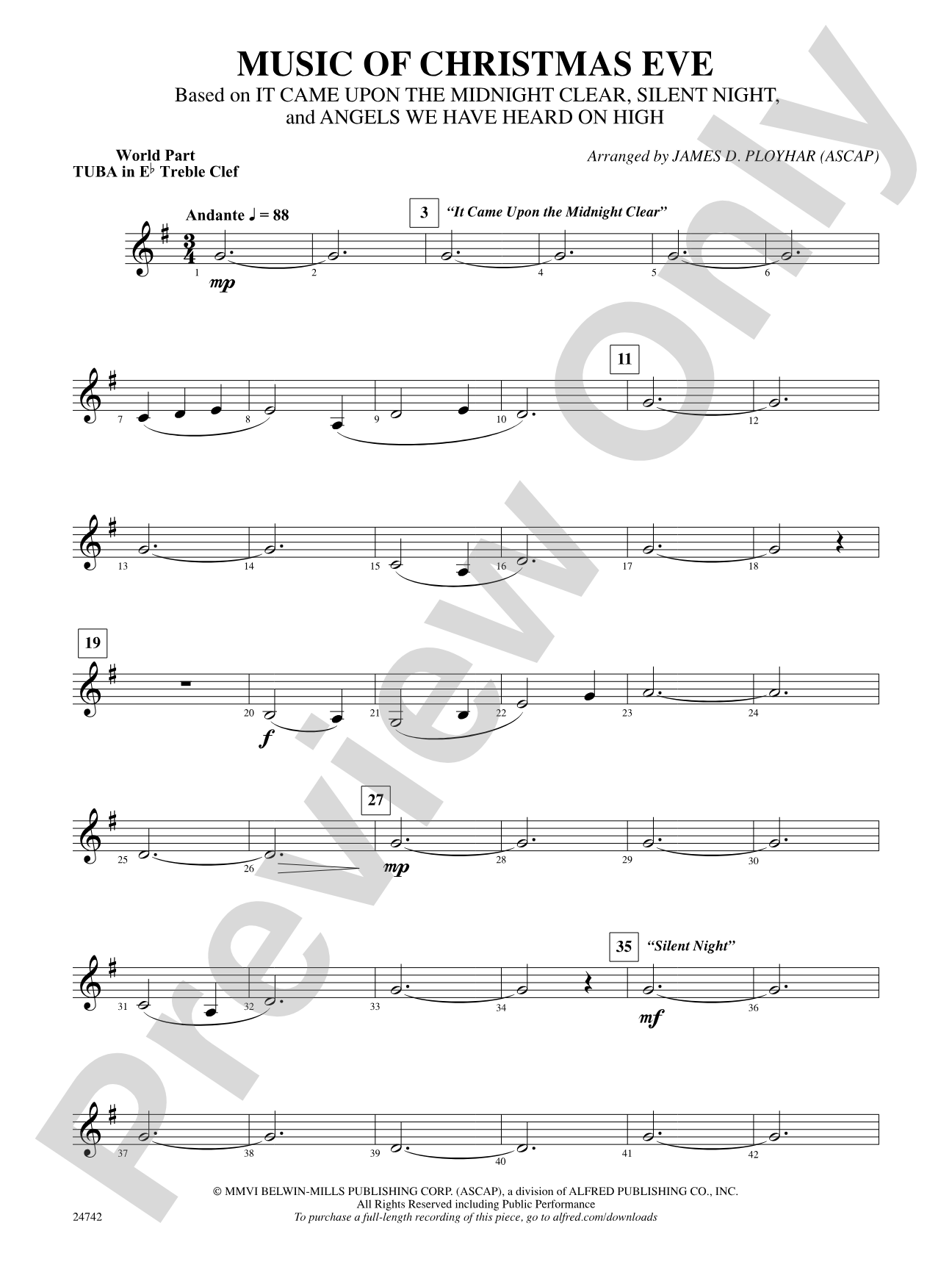 Music of Christmas Eve (Based on "It Came Upon the Midnight Clear," "Silent Night," and "Angels We Have Heard on High"): (wp) E-flat Tuba T.C.